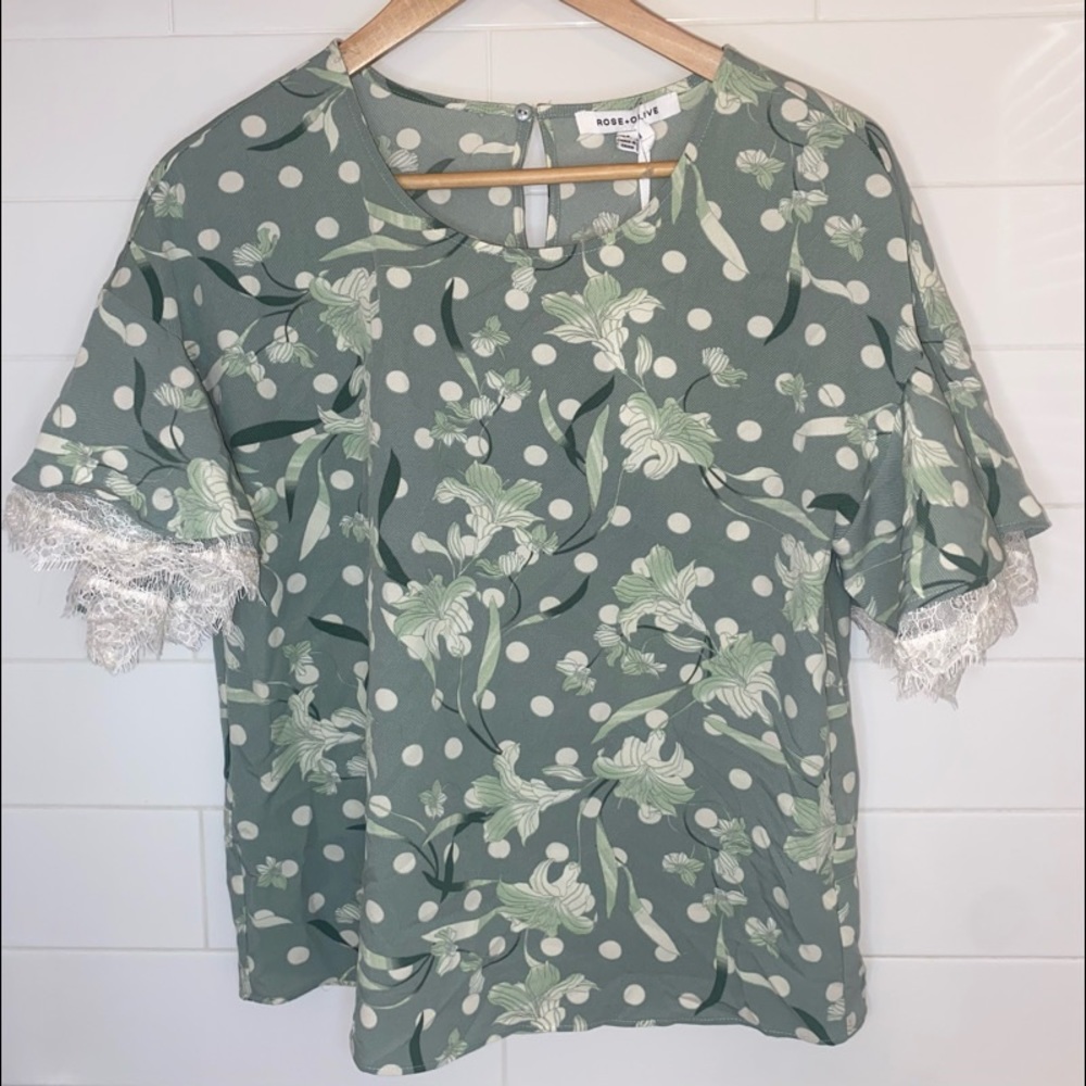 Rose + Olive Green Floral Polka Dot Lace Sleeve Blouse – Size S (NWT)